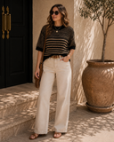 Stripe 3/4 Draped Sleeve Slouchy Sweater