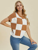 Double Take Full Size Checkered Round Neck Short Sleeve Sweater-Tops-Rae Collective, Women's Online Fashion Boutique Located in Phoenix, Arizona (Scottsdale Area)