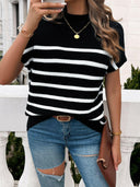 Between the Lines Striped Mock Neck Short Sleeve Sweater-Tops-Rae Collective, Women's Online Fashion Boutique Located in Phoenix, Arizona (Scottsdale Area)