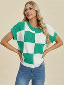 Double Take Full Size Checkered Round Neck Short Sleeve Sweater-Tops-Rae Collective, Women's Online Fashion Boutique Located in Phoenix, Arizona (Scottsdale Area)