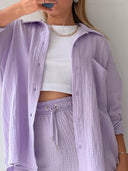 Kinsley Texture Button-Up Shirt and Drawstring Shorts Set-Rae Collective, Women's Online Fashion Boutique Located in Phoenix, Arizona (Scottsdale Area)