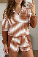 Brown Stripe Color Block Patchwork Quarter Zip Pullover Sporty Shorts Set