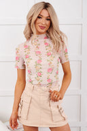 Beige Floral Mesh Mock Neck Top