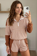 Brown Stripe Color Block Patchwork Quarter Zip Pullover Sporty Shorts Set