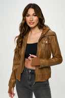 Hooded Lined Vegan Leather Moto Jacket with Thumbholes-Jackets-Krush Kandy, Women's Online Fashion Boutique Located in Phoenix, Arizona (Scottsdale Area)