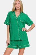 Zenana Button Down Short Sleeve Top and Shorts Lounge Set-Loungewear-Rae Collective, Women's Online Fashion Boutique Located in Phoenix, Arizona (Scottsdale Area)
