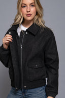Long Sleeve Lapel Collar Soft Felt Bomber Jacket-Jackets-Krush Kandy, Women's Online Fashion Boutique Located in Phoenix, Arizona (Scottsdale Area)