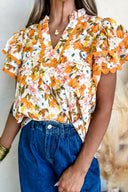 Ruffled Notched Short Sleeve Floral Blouse-Tops-Rae Collective, Women's Online Fashion Boutique Located in Phoenix, Arizona (Scottsdale Area)