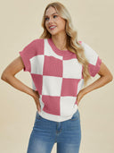 Double Take Full Size Checkered Round Neck Short Sleeve Sweater-Tops-Rae Collective, Women's Online Fashion Boutique Located in Phoenix, Arizona (Scottsdale Area)