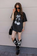 Checkered Bow Cherry Graphic MIneral Washed Boyfriend Tee-Graphic Tees-Rae Collective, Women's Online Fashion Boutique Located in Phoenix, Arizona (Scottsdale Area)