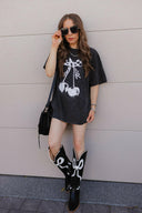 Checkered Bow Cherry Graphic MIneral Washed Boyfriend Tee-Graphic Tees-Rae Collective, Women's Online Fashion Boutique Located in Phoenix, Arizona (Scottsdale Area)