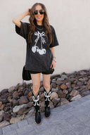 Checkered Bow Cherry Graphic MIneral Washed Boyfriend Tee-Graphic Tees-Rae Collective, Women's Online Fashion Boutique Located in Phoenix, Arizona (Scottsdale Area)