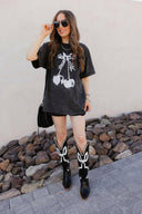 Checkered Bow Cherry Graphic MIneral Washed Boyfriend Tee-Graphic Tees-Rae Collective, Women's Online Fashion Boutique Located in Phoenix, Arizona (Scottsdale Area)