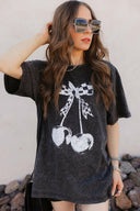 Checkered Bow Cherry Graphic MIneral Washed Boyfriend Tee-Graphic Tees-Rae Collective, Women's Online Fashion Boutique Located in Phoenix, Arizona (Scottsdale Area)