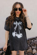 Checkered Bow Cherry Graphic MIneral Washed Boyfriend Tee-Graphic Tees-Rae Collective, Women's Online Fashion Boutique Located in Phoenix, Arizona (Scottsdale Area)