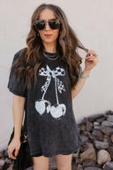 Checkered Bow Cherry Graphic MIneral Washed Boyfriend Tee-Graphic Tees-Rae Collective, Women's Online Fashion Boutique Located in Phoenix, Arizona (Scottsdale Area)