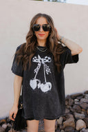 Checkered Bow Cherry Graphic MIneral Washed Boyfriend Tee-Graphic Tees-Rae Collective, Women's Online Fashion Boutique Located in Phoenix, Arizona (Scottsdale Area)