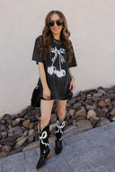 Checkered Bow Cherry Graphic MIneral Washed Boyfriend Tee-Graphic Tees-Rae Collective, Women's Online Fashion Boutique Located in Phoenix, Arizona (Scottsdale Area)