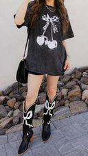 Checkered Bow Cherry Graphic MIneral Washed Boyfriend Tee-Graphic Tees-Rae Collective, Women's Online Fashion Boutique Located in Phoenix, Arizona (Scottsdale Area)