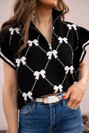 Preppy Vibes Bow Print Zipped Collar Sweater Tee-Tops-Rae Collective, Women's Online Fashion Boutique Located in Phoenix, Arizona (Scottsdale Area)
