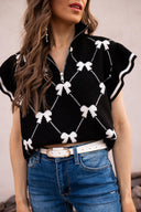 Preppy Vibes Bow Print Zipped Collar Sweater Tee-Tops-Rae Collective, Women's Online Fashion Boutique Located in Phoenix, Arizona (Scottsdale Area)