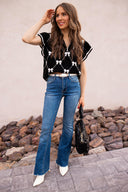 Preppy Vibes Bow Print Zipped Collar Sweater Tee-Tops-Rae Collective, Women's Online Fashion Boutique Located in Phoenix, Arizona (Scottsdale Area)