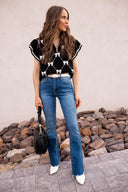Preppy Vibes Bow Print Zipped Collar Sweater Tee-Tops-Krush Kandy, Women's Online Fashion Boutique Located in Phoenix, Arizona (Scottsdale Area)