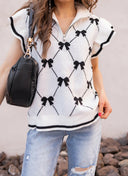 Preppy Vibes Bow Print Zipped Collar Sweater Tee-Tops-Rae Collective, Women's Online Fashion Boutique Located in Phoenix, Arizona (Scottsdale Area)