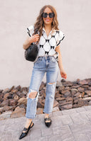 Preppy Vibes Bow Print Zipped Collar Sweater Tee-Tops-Krush Kandy, Women's Online Fashion Boutique Located in Phoenix, Arizona (Scottsdale Area)