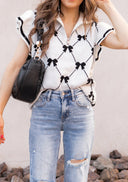 Preppy Vibes Bow Print Zipped Collar Sweater Tee-Tops-Rae Collective, Women's Online Fashion Boutique Located in Phoenix, Arizona (Scottsdale Area)