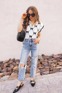 Preppy Vibes Bow Print Zipped Collar Sweater Tee-Tops-Rae Collective, Women's Online Fashion Boutique Located in Phoenix, Arizona (Scottsdale Area)