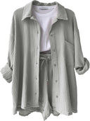Kinsley Texture Button-Up Shirt and Drawstring Shorts Set-Rae Collective, Women's Online Fashion Boutique Located in Phoenix, Arizona (Scottsdale Area)
