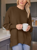 Slit Round Neck Dropped Shoulder Sweater-Rae Collective, Women's Online Fashion Boutique Located in Phoenix, Arizona (Scottsdale Area)
