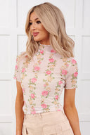 Beige Floral Mesh Mock Neck Top