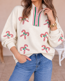 Sequin Candy Canes Contrast Collar Patchwork Loose Sweatshirt
