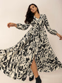 Tied Printed V-Neck Long Sleeve Midi Dress-Rae Collective, Women's Online Fashion Boutique Located in Phoenix, Arizona (Scottsdale Area)