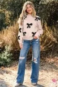 Pearl Embellished Bow Pattern Loose Sweater-Sweater-Krush Kandy, Women's Online Fashion Boutique Located in Phoenix, Arizona (Scottsdale Area)