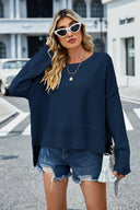 High-Low Slit Round Neck Long Sleeve Sweater-Rae Collective, Women's Online Fashion Boutique Located in Phoenix, Arizona (Scottsdale Area)