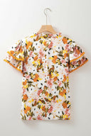 Ruffled Notched Short Sleeve Floral Blouse-Tops-Rae Collective, Women's Online Fashion Boutique Located in Phoenix, Arizona (Scottsdale Area)