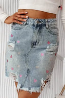 Beau Blue Shimmer Heart Pattern Distressed Denim Mini Skirt-Krush Kandy, Women's Online Fashion Boutique Located in Phoenix, Arizona (Scottsdale Area)
