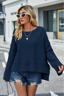 High-Low Slit Round Neck Long Sleeve Sweater-Rae Collective, Women's Online Fashion Boutique Located in Phoenix, Arizona (Scottsdale Area)