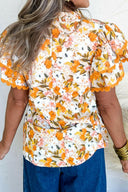 Ruffled Notched Short Sleeve Floral Blouse-Tops-Rae Collective, Women's Online Fashion Boutique Located in Phoenix, Arizona (Scottsdale Area)