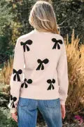 Pearl Embellished Bow Pattern Loose Sweater-Sweater-Krush Kandy, Women's Online Fashion Boutique Located in Phoenix, Arizona (Scottsdale Area)