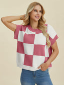 Double Take Full Size Checkered Round Neck Short Sleeve Sweater-Tops-Rae Collective, Women's Online Fashion Boutique Located in Phoenix, Arizona (Scottsdale Area)