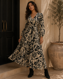 Tied Printed V-Neck Long Sleeve Midi Dress