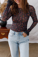 Black Mesh Floral Lace Cuff Bodysuit-Long Sleeve Tops-Krush Kandy, Women's Online Fashion Boutique Located in Phoenix, Arizona (Scottsdale Area)