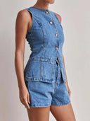 Button Down Vest and Shorts Denim Set-2 Piece Outfit Sets-Krush Kandy, Women's Online Fashion Boutique Located in Phoenix, Arizona (Scottsdale Area)