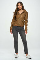 Brown Hooded Lined Vegan Leather Moto Jacket with Thumbholes.&nbsp;-Jackets-Rae Collective, Women's Online Fashion Boutique Located in Phoenix, Arizona (Scottsdale Area)