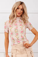 Beige Floral Mesh Mock Neck Top