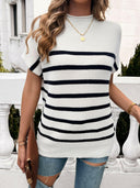 Between the Lines Striped Mock Neck Short Sleeve Sweater-Tops-Rae Collective, Women's Online Fashion Boutique Located in Phoenix, Arizona (Scottsdale Area)